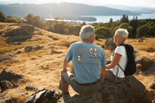 Load image into Gallery viewer, Man and woman resting outside wearing Old People Outdoors t-shirts