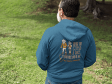 Load image into Gallery viewer, Man standing outside wearing Old People Outdoors hoodie in blue | Before you climb a rock, better check with the doc | Also available in charcoal