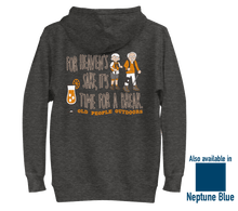 Load image into Gallery viewer, Old People Outdoors hoodie in charcoal | For heaven's sake, it's time for a break | Back view, also available in neptune blue