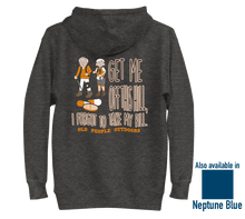 Load image into Gallery viewer, Old People Outdoors hoodie in charcoal | Get me off this hill, I forgot to take my pill | Back view, also available ice blue
