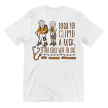 Load image into Gallery viewer, Old People Outdoors t-shirt in white | Before you climb a rock, better check with the doc | Back view