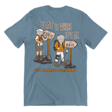 Load image into Gallery viewer, Old People Outdoors t-shirt in blue | Flat is where it's at | Back view