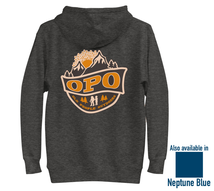 Old People Outdoors Classic Hoodie in Charcoal | Back view
