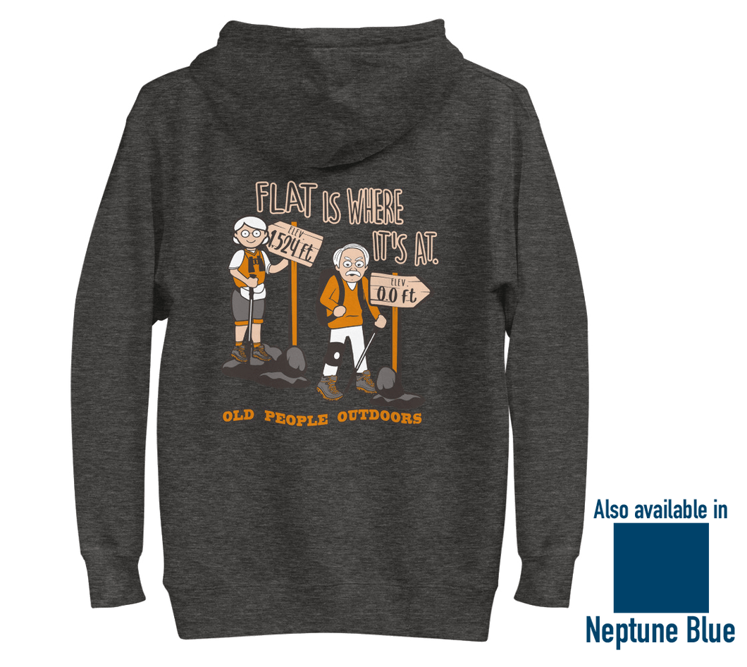 Old People Outdoors hoodie in charcoal | Flat is where it's at | Back view, also available in blue