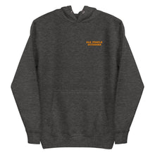 Load image into Gallery viewer, Old People Outdoors hoodie in charcoal | For heaven&#39;s sake, it&#39;s time for a break | Front view, also available in neptune blue
