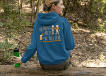 Load image into Gallery viewer, Woman sitting on trail outside wearing Old People Outdoors blue hoodie | For heaven&#39;s sake, it&#39;s time for a break
